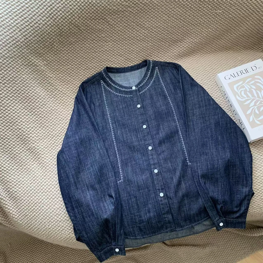 素心轻奢 2025秋季新款圆领牛仔衬衫高级感宽松休闲洋气上衣女