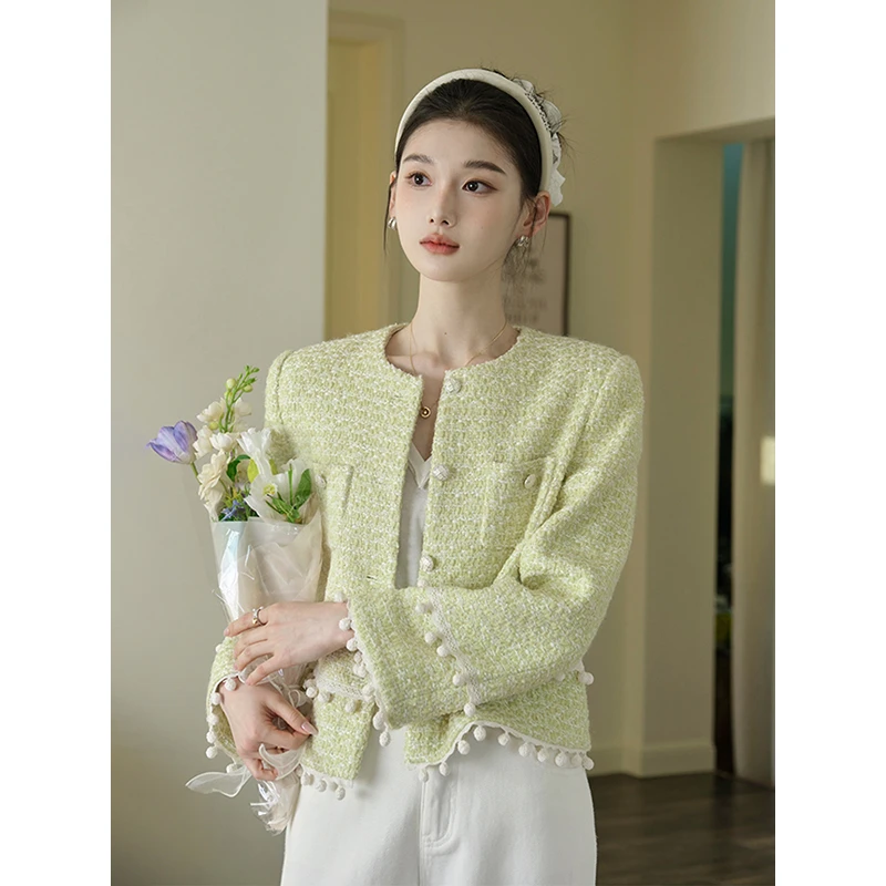 且可ChillCozy 曼彻斯特 绵羊毛糖果纱毛球织带香风外套