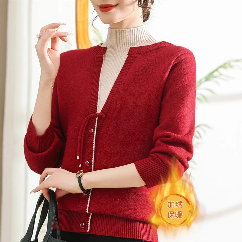 中老年冬装加绒保暖毛衣女洋气一体绒打底衫妈妈装假两件针织上衣