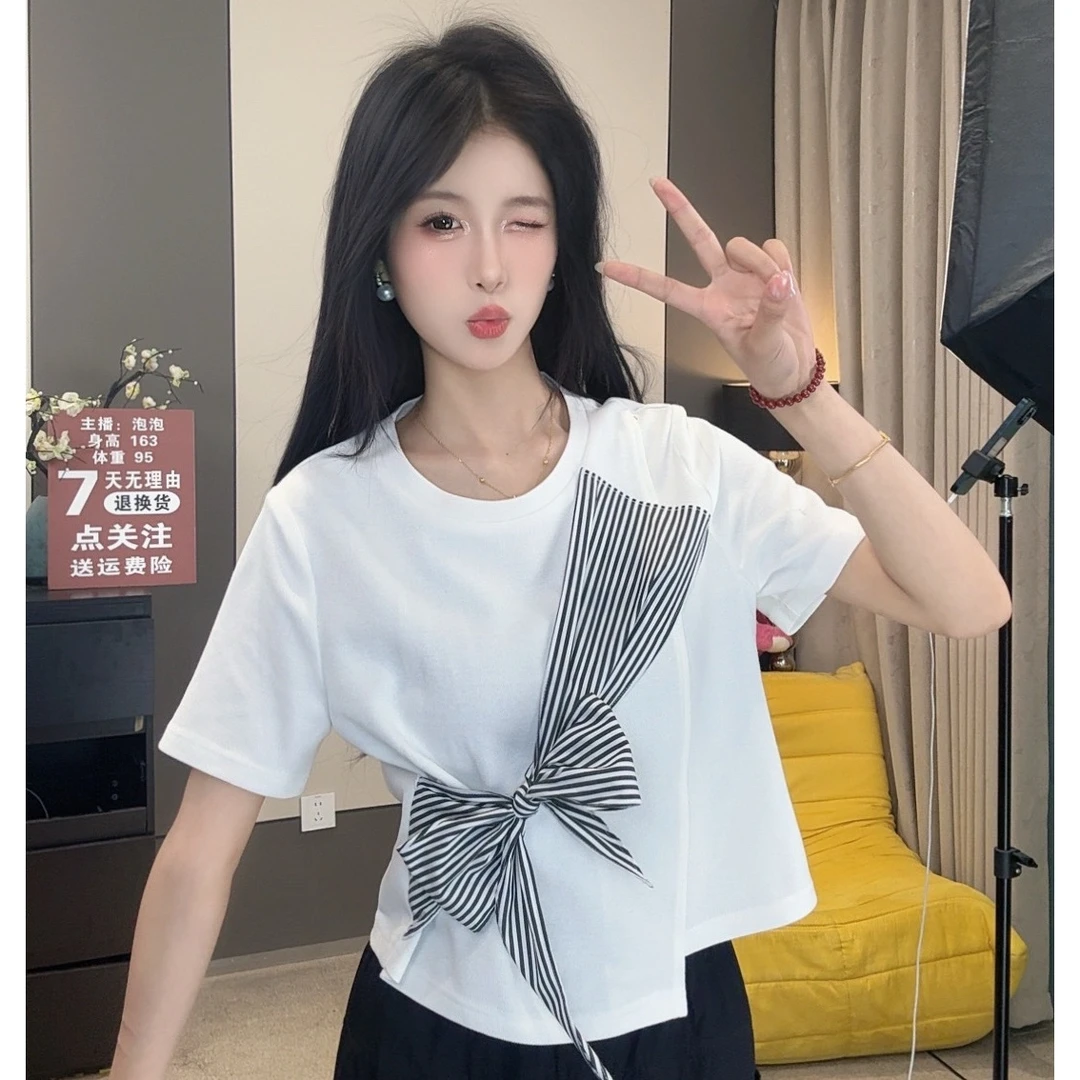 蔡小姐2025夏季新款时尚蝴蝶结系带小众设计感百搭女上衣