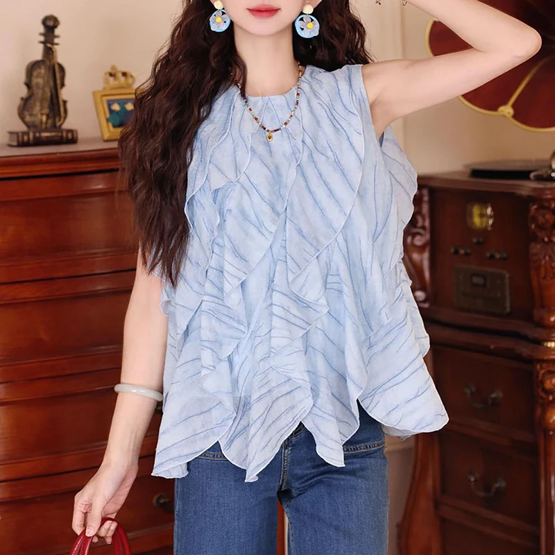 【流动的海】港风复古不规则拼接无袖衬衫女夏季新款小众设计感上衣