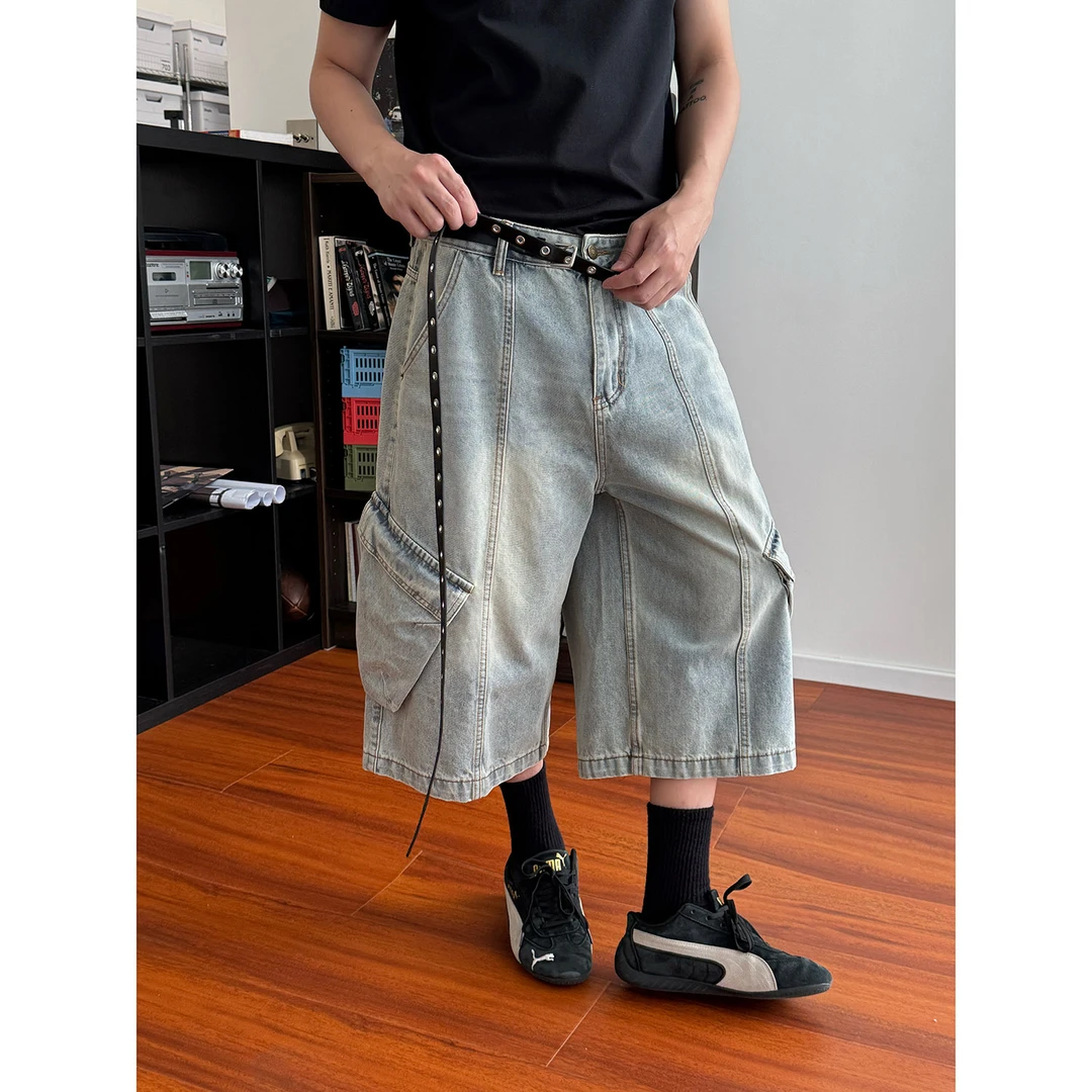 19studio WAYNEPRINCE美式工装大口袋七分裤水洗蓝直筒牛仔裤短裤