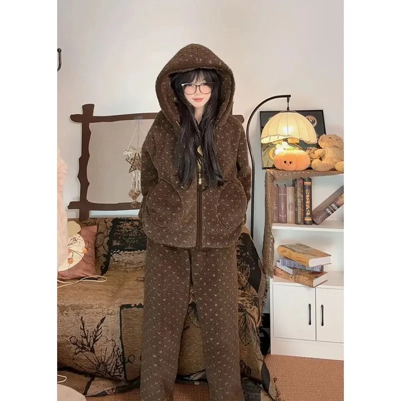 爆款复古碎花保暖连帽冬季加绒加厚睡衣家居服套装长袖家居服时尚