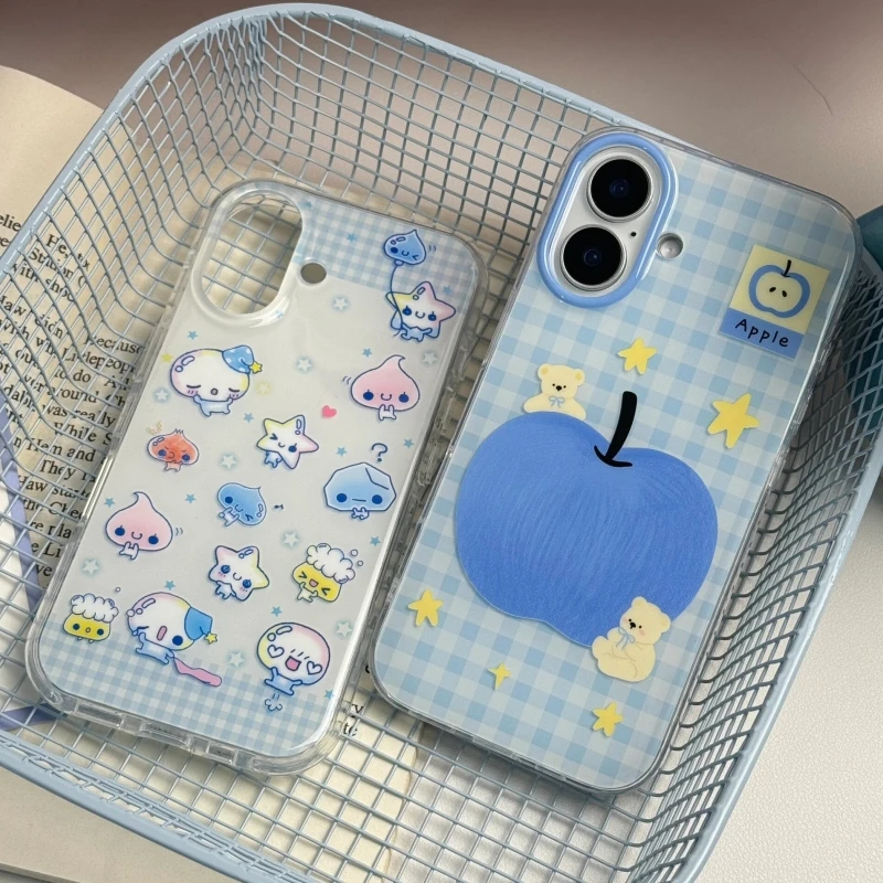 奥菲顿格纹蓝苹果小熊适用iPhone17大孔手机壳华为vivo小米oppo套