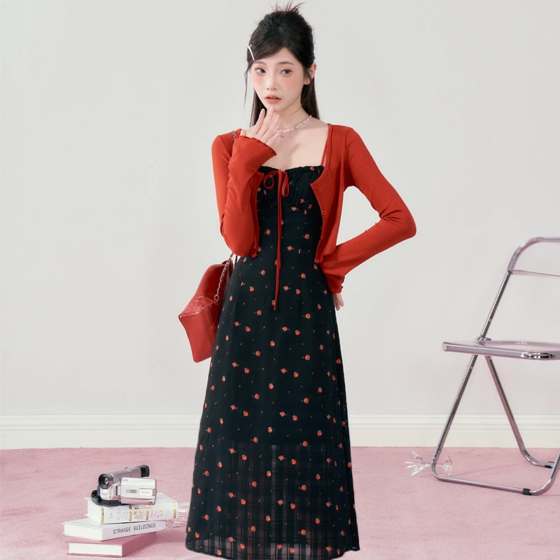 盛夏玫瑰 织物猪原创 法式碎花吊带连衣裙女长短裙开衫复古