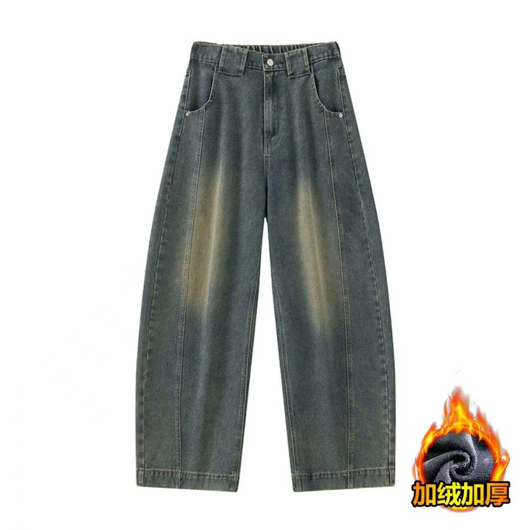 QIANCE前策水洗做旧牛仔裤男款美式复古秋冬重磅宽松小弯刀休闲裤