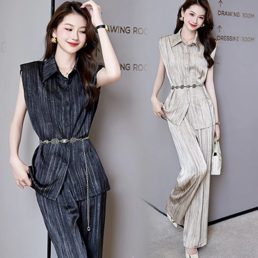 显瘦2025年夏季新款缎面炒色气质韩版简约时尚高档套装送腰链