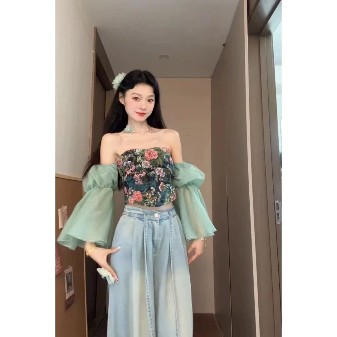 法式复古度假小众碎花抹胸背心送袖套性感修身露背短款泡泡袖衬衫