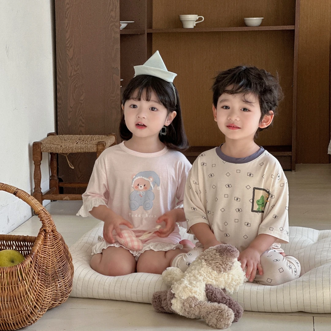 绿博尔A类中袖优可丝儿童睡衣套装透气柔软轻薄儿童家居服空调服