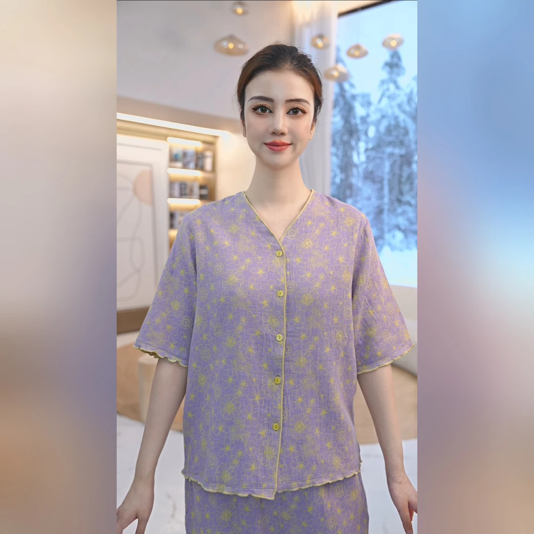 秋鹿梭织双层纱提花V领五分袖长裤女套显瘦夏季印花