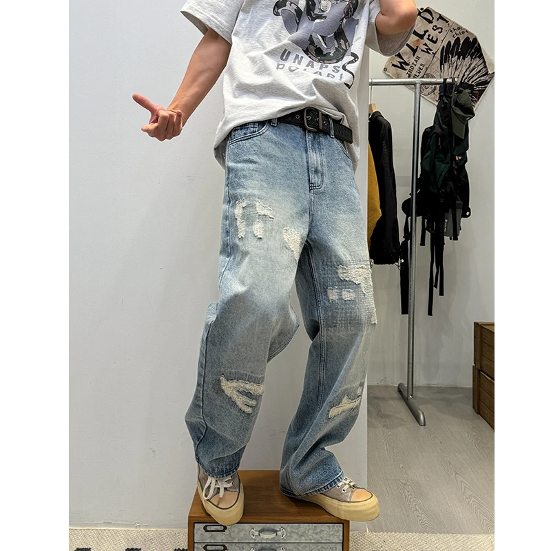 复古工装破洞宽松哈伦牛仔裤男夏季破洞宽松长裤
