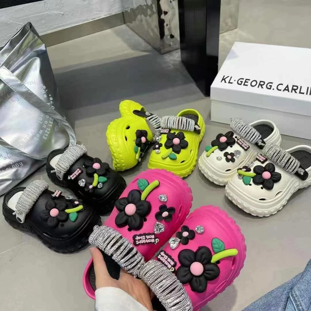 水钻花朵包头厚底松糕增高沙滩洞洞鞋凉鞋拖鞋女款