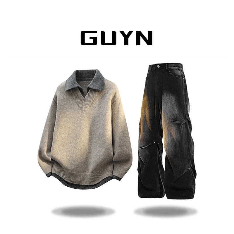 【品牌正品现货】GUYN秋冬假两件本命年针织衫毛衣男翻领休闲毛衣