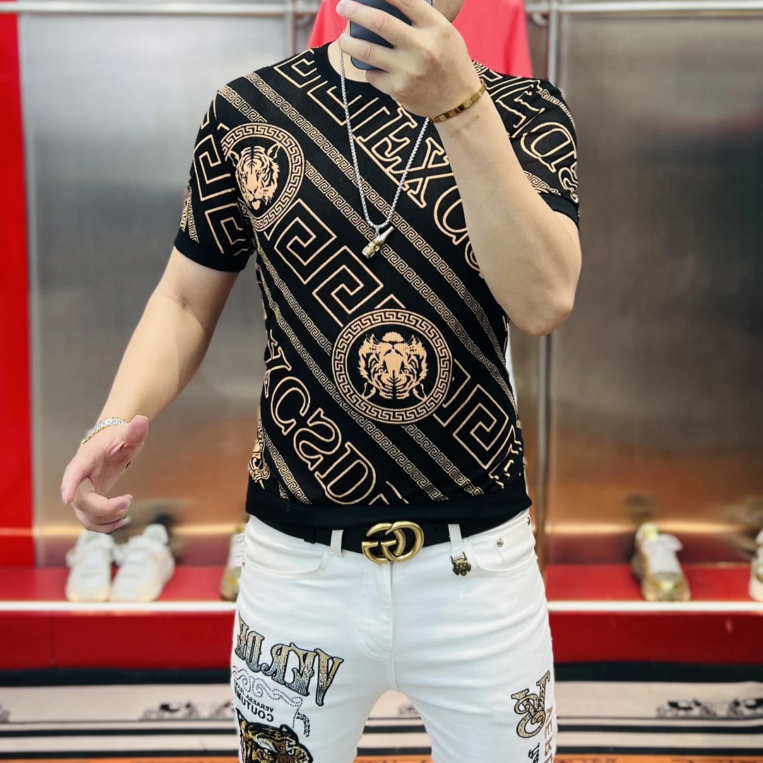 洋洋家2025新款提虎头字母时尚百搭网红痞帅修身显瘦男士短袖