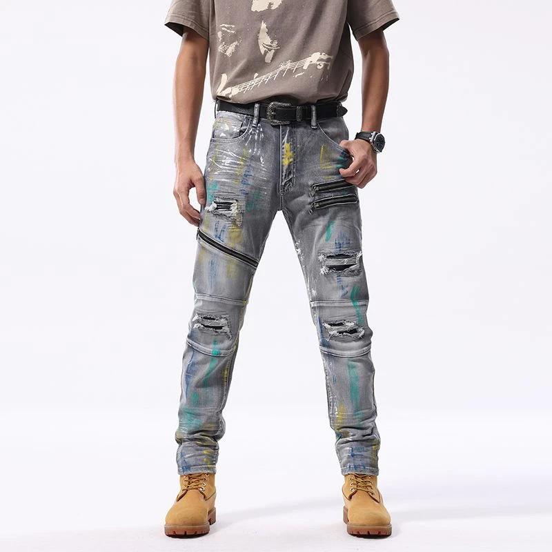2025款欧美复古潮牌机车多口袋牛仔裤男士潮流高端修身小脚长裤