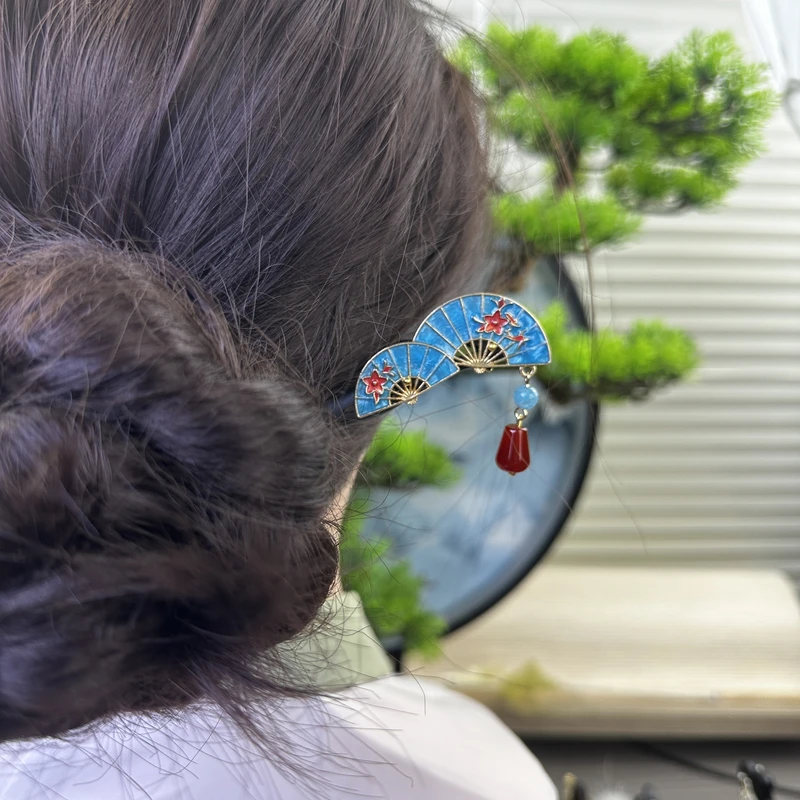 X742烤蓝扇子旗袍头饰发饰复古古风手工气质国风简约簪发手工发簪