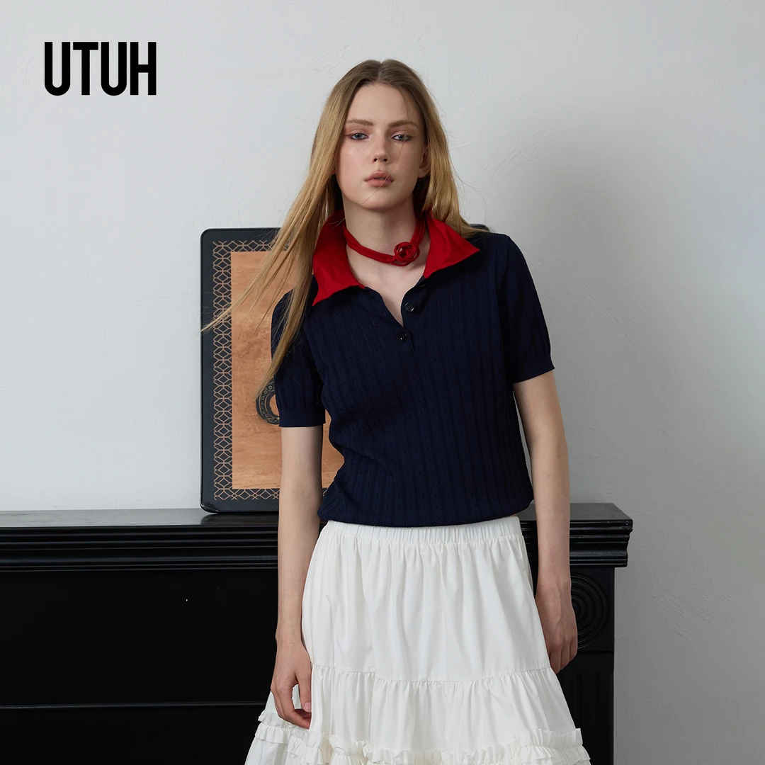 UTUH 蓝色MIU式撞色学院风针织衫女休闲透气25夏季新款TDWWR2Z176