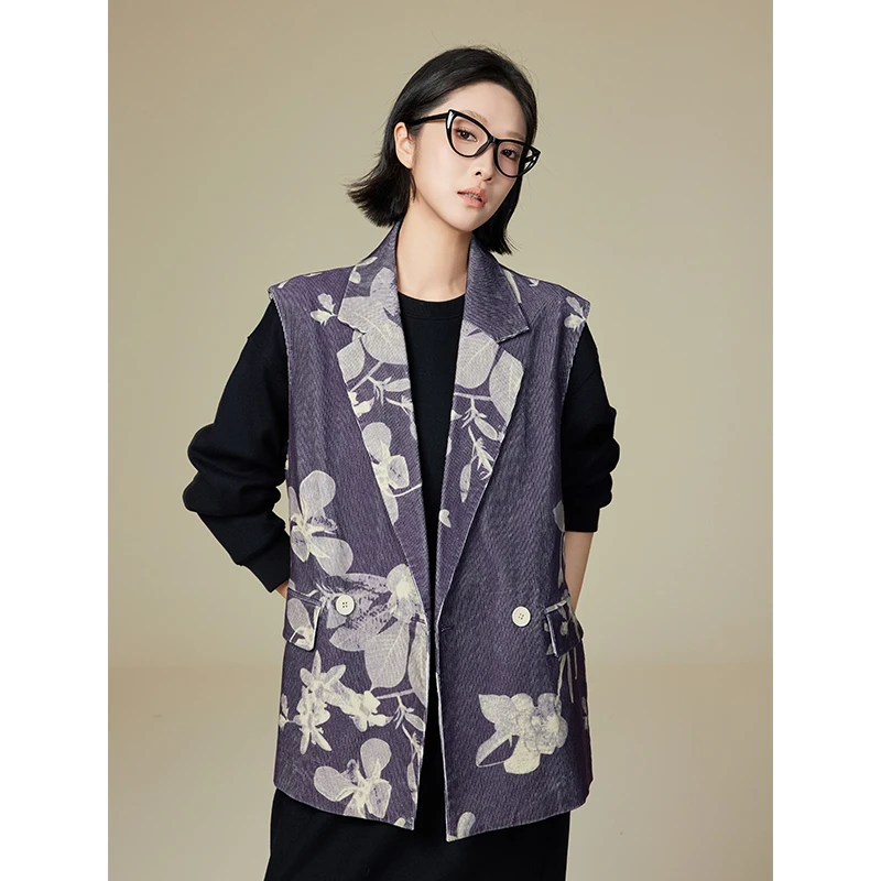 A美洋MEIYANG 紫雾花海二号马甲 古风灯芯绒印花宽松双排扣马夹E