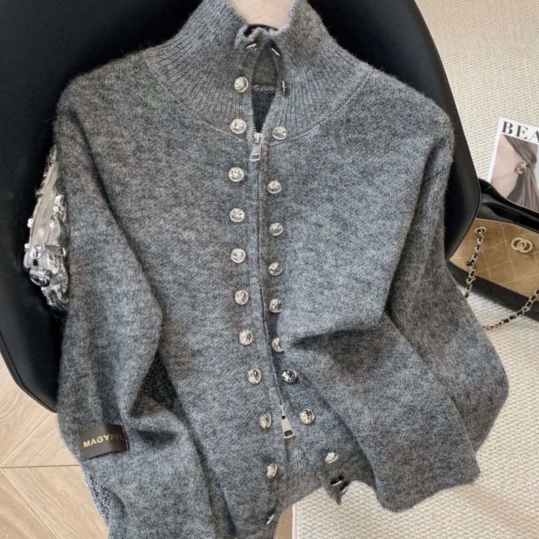 高货爆款~509373-1复古软糯慵懒风双排扣高领毛衣女冬宽松外穿