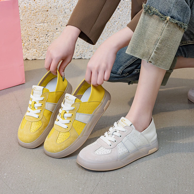2025春夏季新款德训鞋复古休闲鞋女头层牛皮拼色减龄软底板鞋