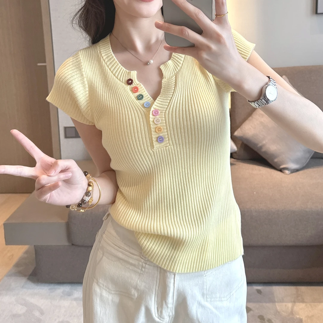 韩版彩色纽扣V领设计感小香风洋气显瘦夏季新款针织衫上衣#3020