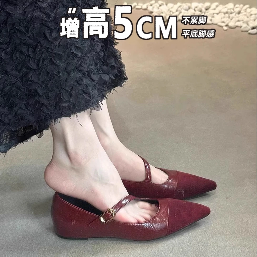 内增高5CM法式复古气质红色单鞋设计感小众2025软底尖头玛丽珍鞋