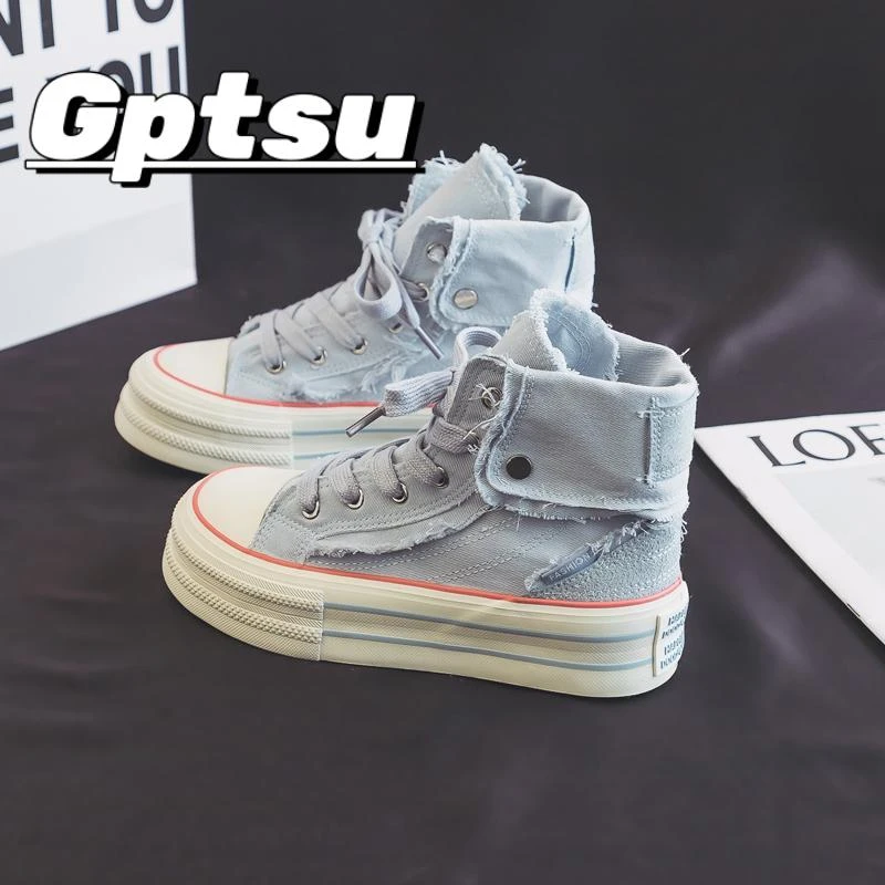 GPTSu小众高筒帆布鞋女时尚新款秋季时尚厚底休闲鞋学生百搭鞋子