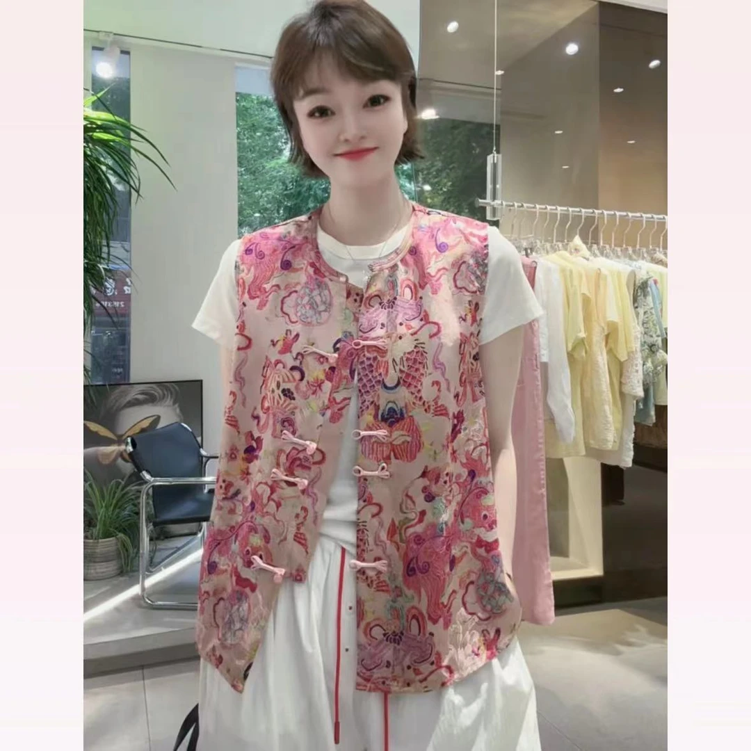 春苗女装   欧粉红国风马夹   时尚简约个性马甲