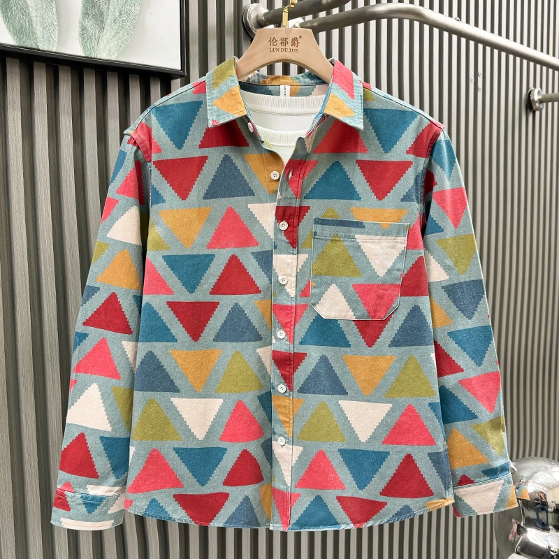 春秋时尚印花长袖衬衫男士新品潮流文艺衬衣百搭休闲宽松痞帅外套