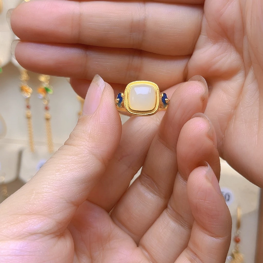 和田玉银S925镀金镶嵌戒指