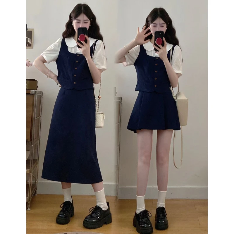 夏季新款胖妹妹夏季新款正肩假两件短袖衬衫+半身裙收腰减龄套装