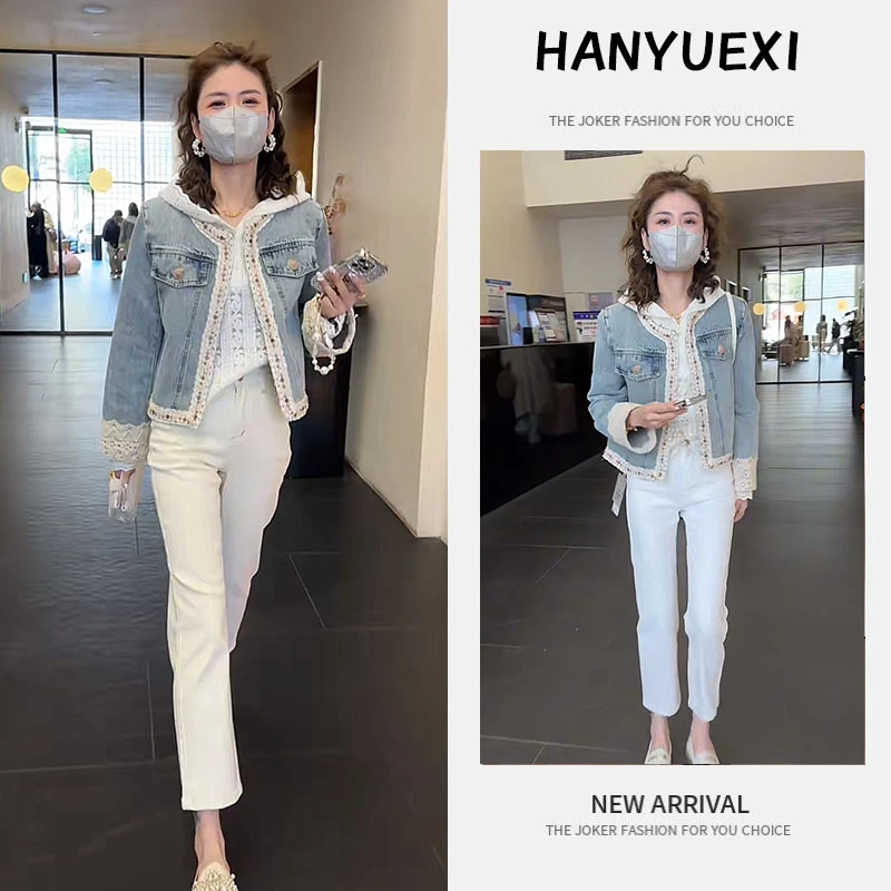 早春时尚一整套女装2025新款蕾丝连帽上衣牛仔外套牛仔裤三件套潮