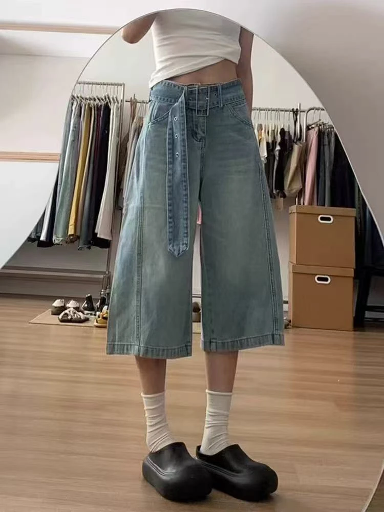 裤长71七分裤高腰无弹力腰带夏季短裤显瘦宽松中性风美式