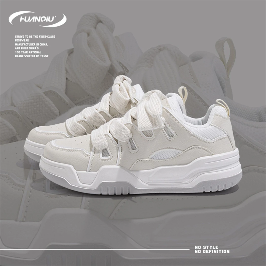 HUANQIU/环球面包鞋男鞋2025春季新款百搭厚底小白鞋耐磨休闲板鞋