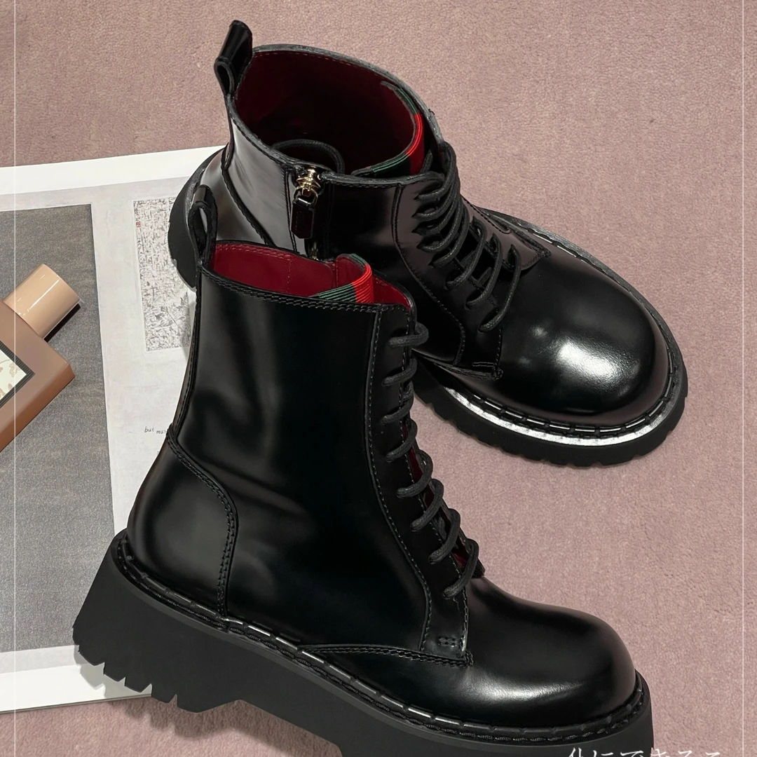 未使用 GUCCI/古驰 新款黑色马丁靴 全新古驰短靴红绿织带 多尺码