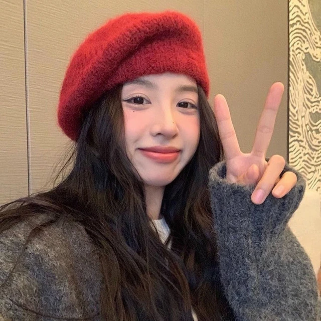 韩版时尚马海毛针织贝雷帽女秋冬气质大头围显脸小毛绒绒画家帽潮