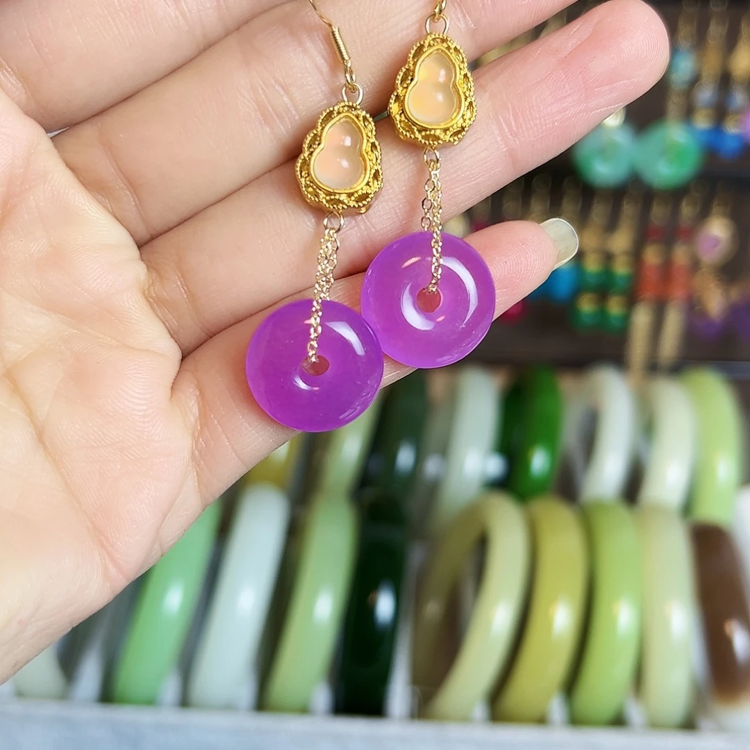 银S925镶嵌翡翠耳饰紫色