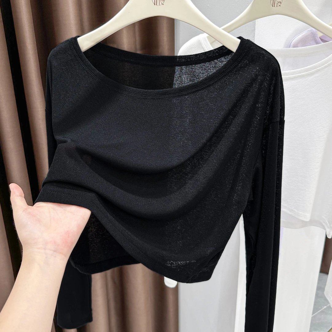 气质短款黑色别致圆领小衫秋冬新款宽松休闲上衣女薄款T恤打底衫