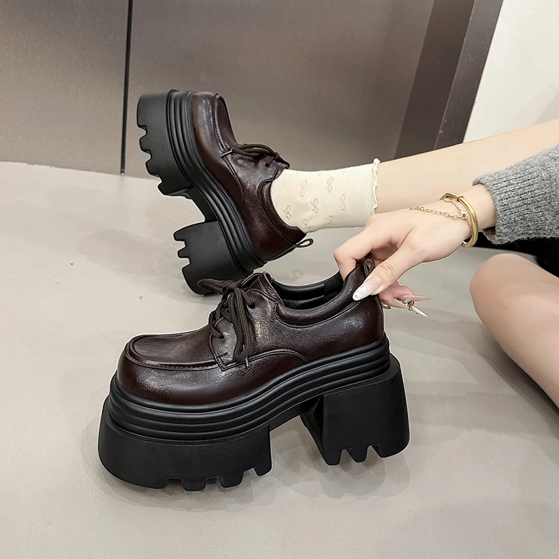 2025秋季新款10cm增高女鞋厚底英伦高跟小皮鞋女百搭显瘦乐福鞋女