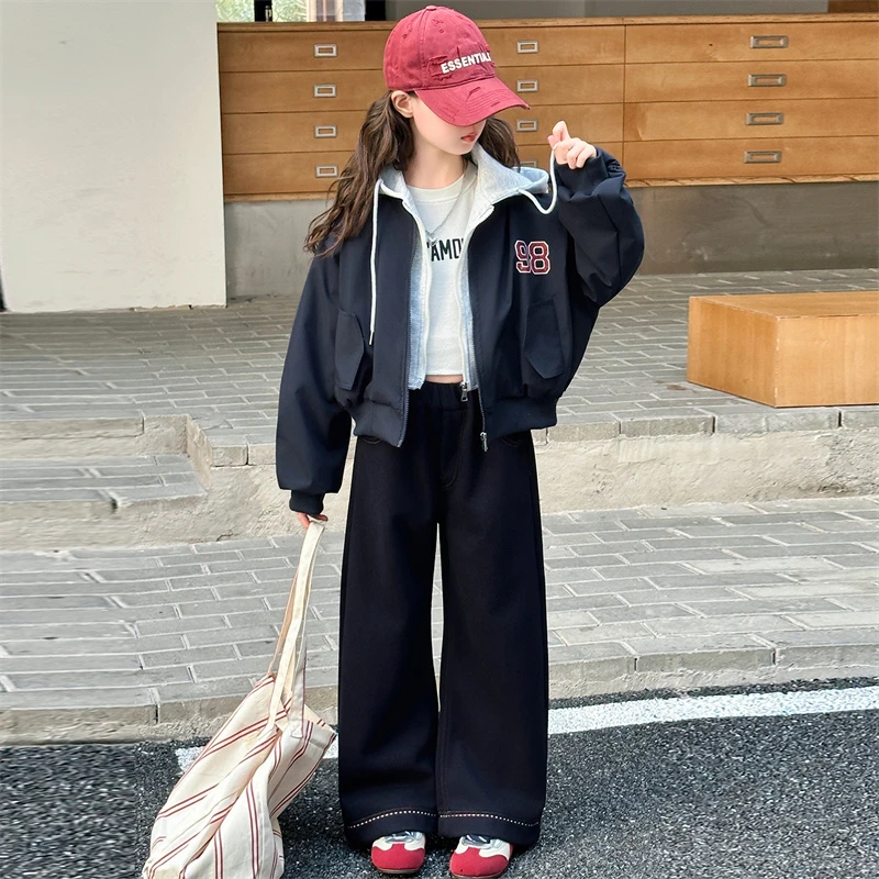 女童假两件连帽外套短款洋气时髦秋冬季2025新款中大童加棉棒球服