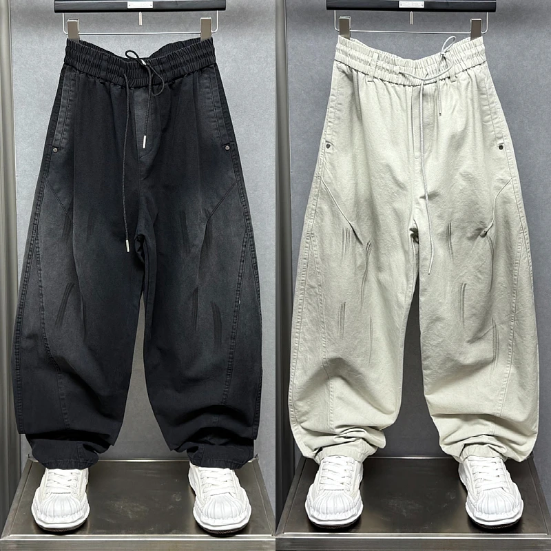 2025秋季新款美式潮牌水洗脏脏印花休闲裤男士宽松百搭阔腿弯刀裤