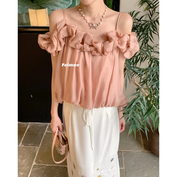 【赵小小&绝对主角】29007 花朵吊带背心纯欲辣妹一字肩抹胸上衣女