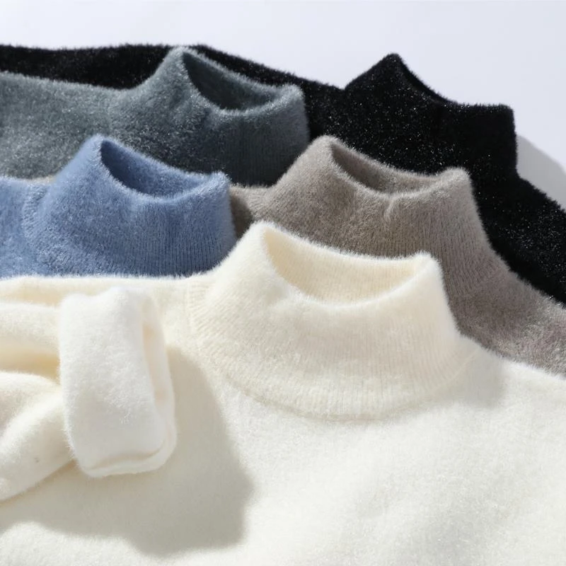 秋冬季水貂绒毛衣男加绒加厚半高领针织打底衫青少年高中学生线衣