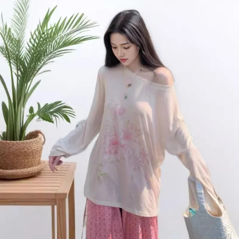 AVLINVA【兰心若素】国风新中式夏季圆领天丝印花长袖T恤女