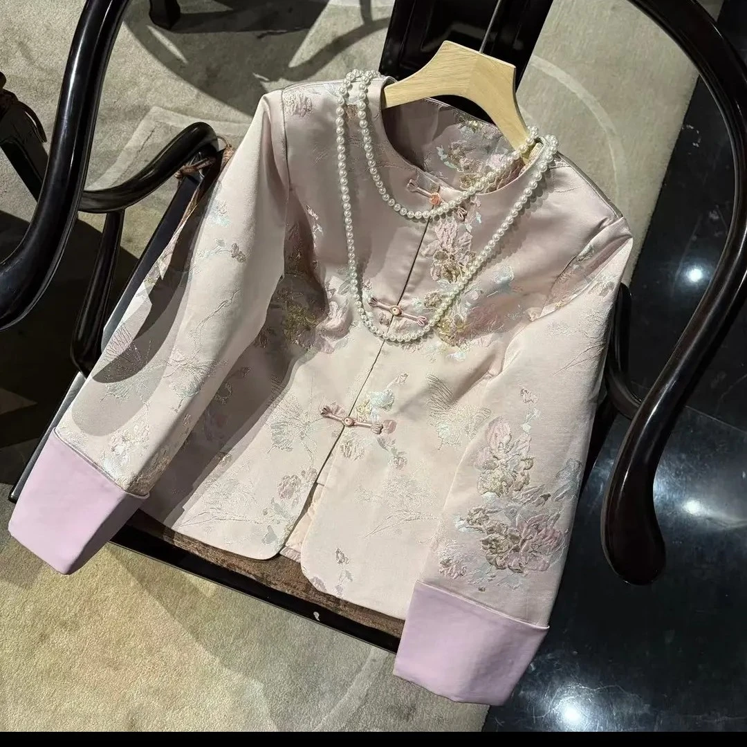 新中式国风盘扣圆领百搭气质刺绣春秋款大码宽松舒适上衣外套女装