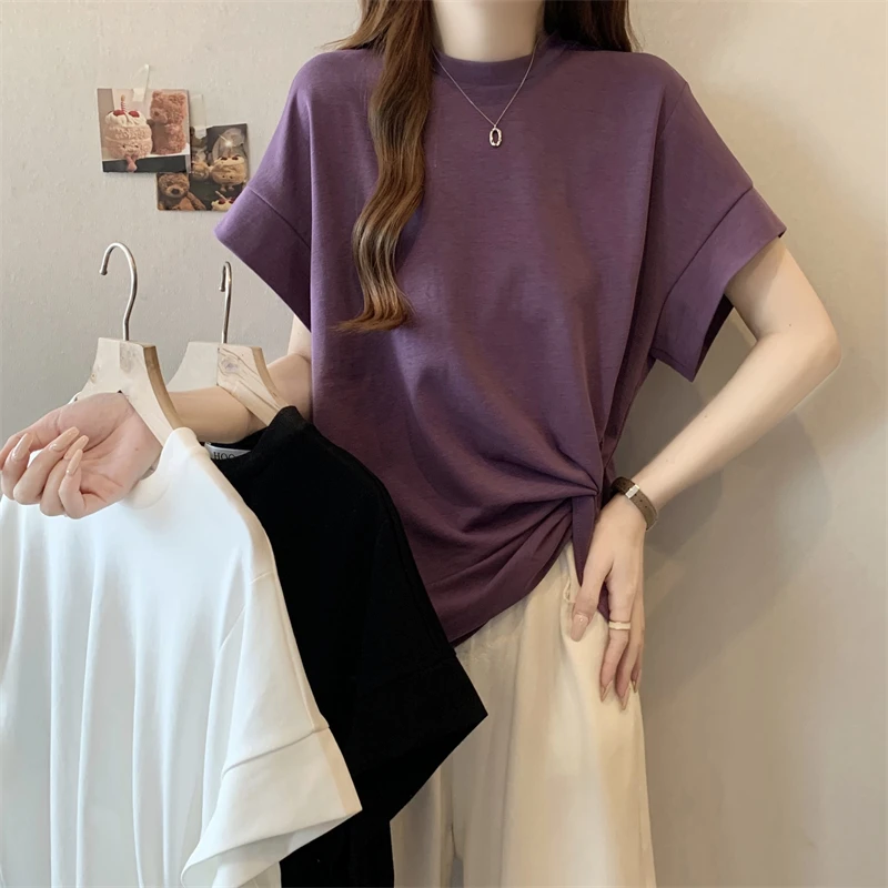 大码显瘦夏季2025年新款简约时尚短袖蝙蝠衫T恤纽结不规则上衣女