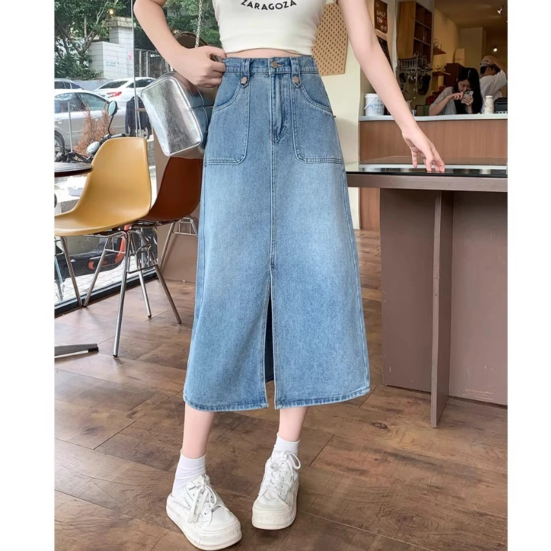 别致不规则开叉牛仔半身裙女夏季大码胖mm韩版复古气质中长款裙子