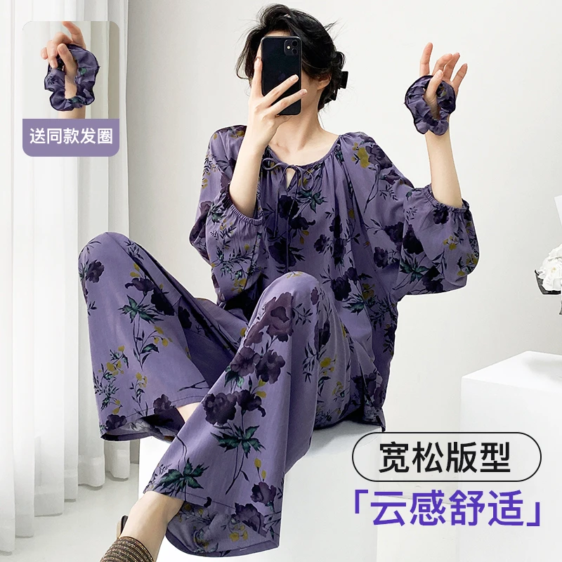 棉绸睡衣女春秋季长袖绵绸套装夏款大码夏天家居服薄款2025年新款