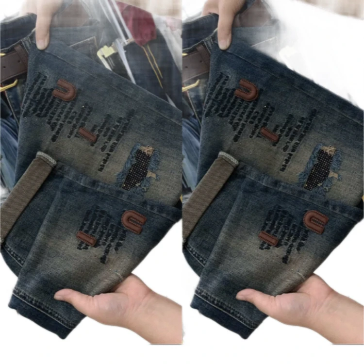 3款高腰弹力刺绣假破洞宽松牛仔裤