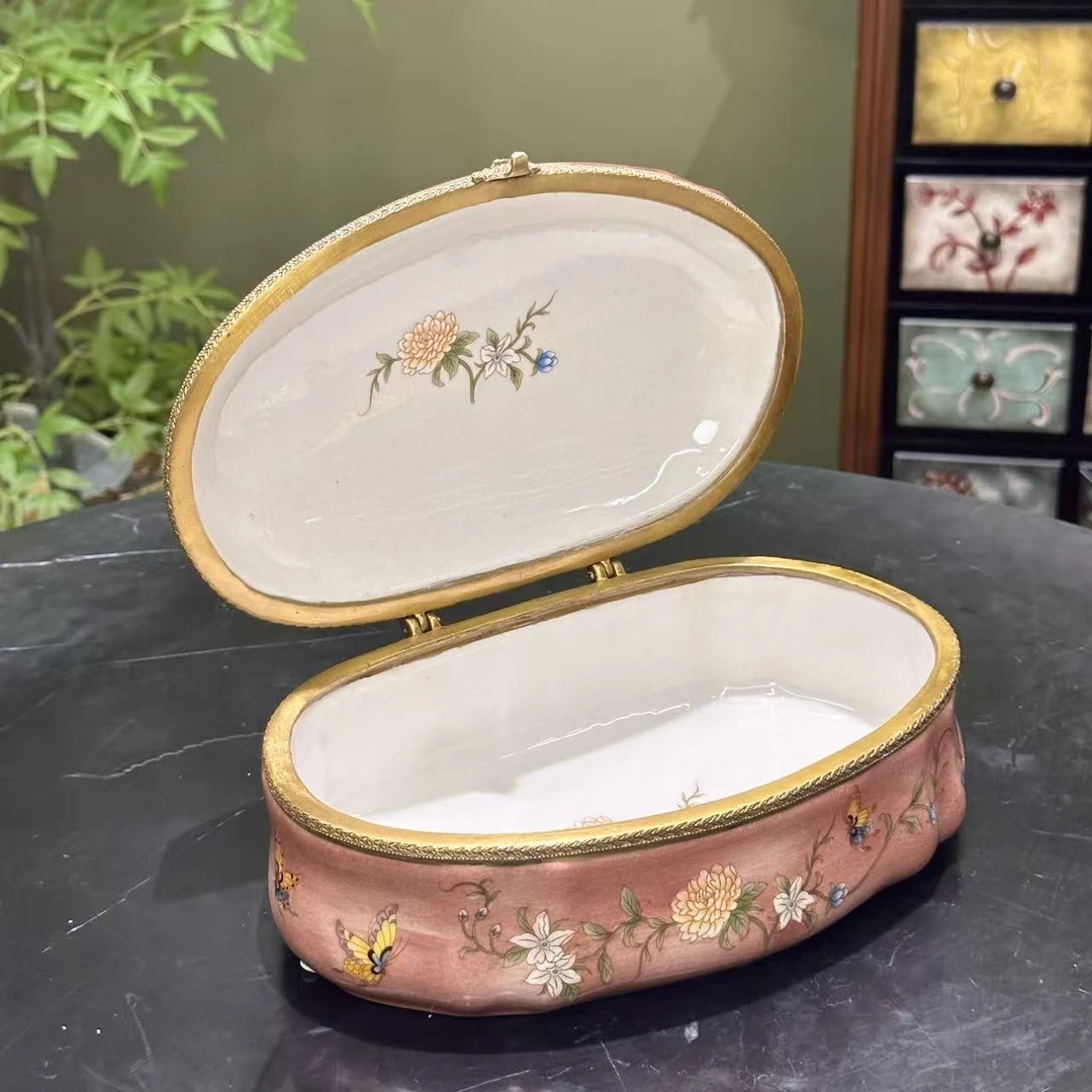 【摩登良品】美式复古轻奢胭脂红铜配瓷首饰盒梳妆台玄关柜装饰